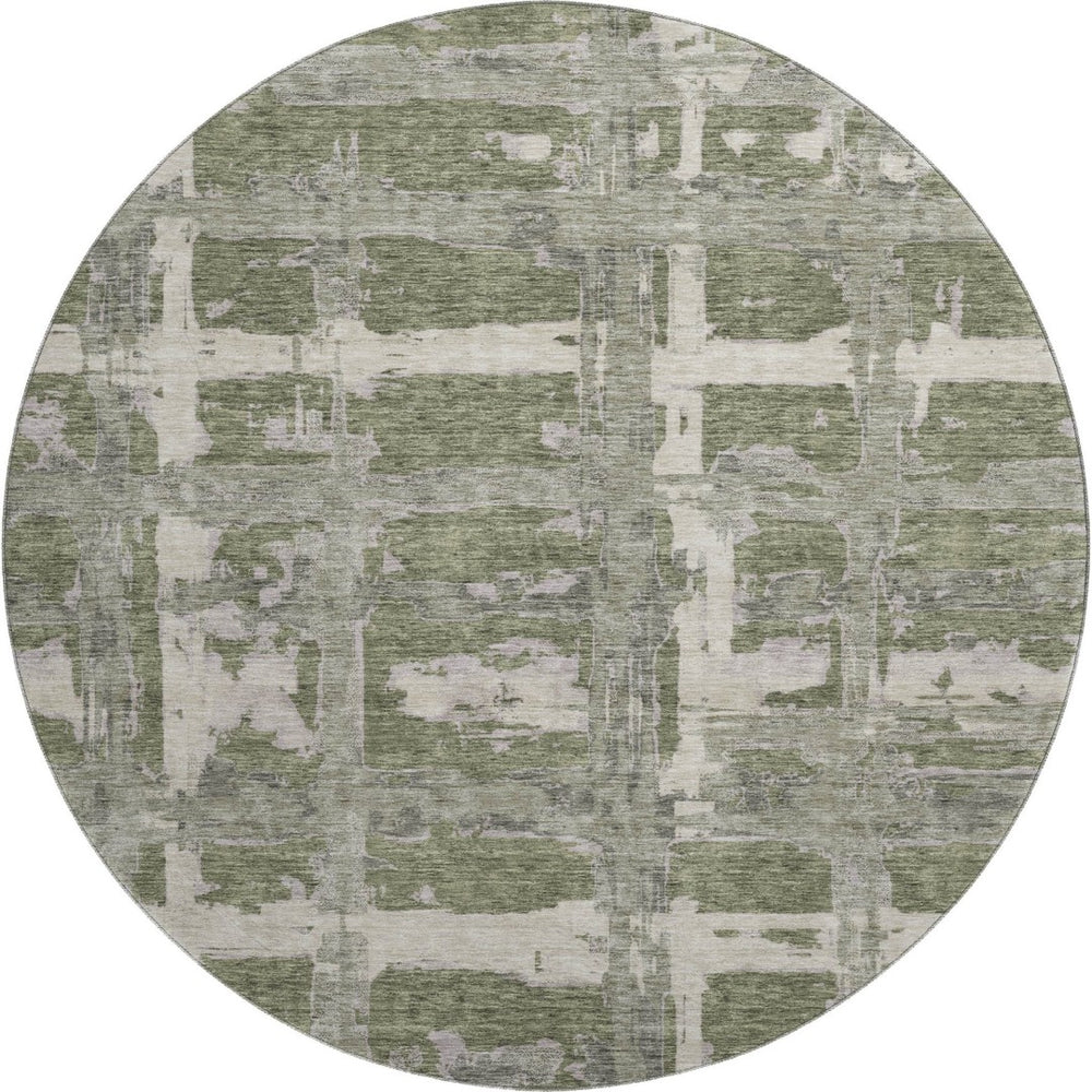 HomeRoots 8' Olive Green and Beige Striped Washable Round Rug with UV Protection - Durable, Stylish, Easy Care! 662792