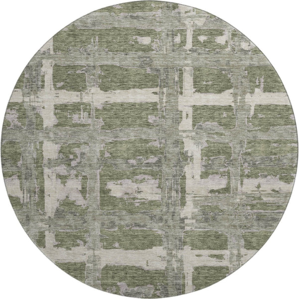 HomeRoots 8' Olive Green and Beige Striped Washable Round Rug with UV Protection - Durable, Stylish, Easy Care! 662792