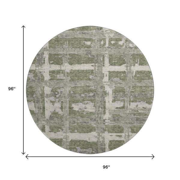 HomeRoots 8' Olive Green and Beige Striped Washable Round Rug with UV Protection - Durable, Stylish, Easy Care! 662792