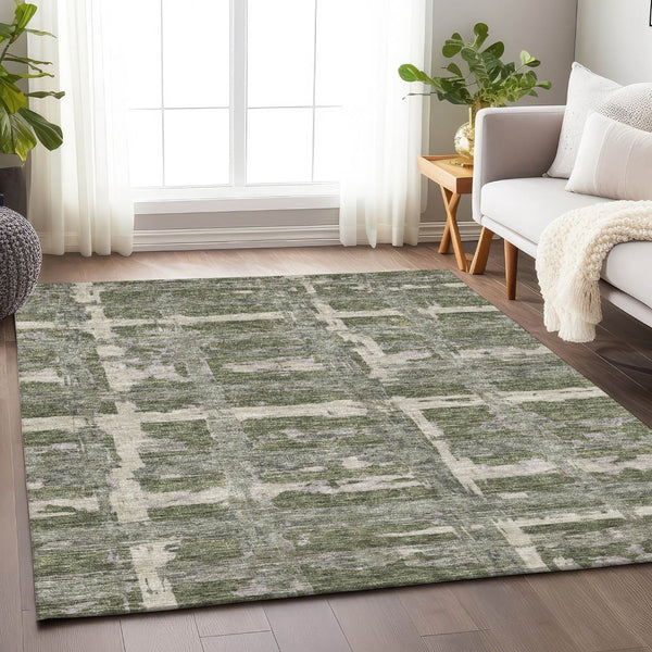HomeRoots 8' X 10' Olive Green & Beige Striped Washable Area Rug - UV Protected, Durable, Stylish & Easy Care 662793