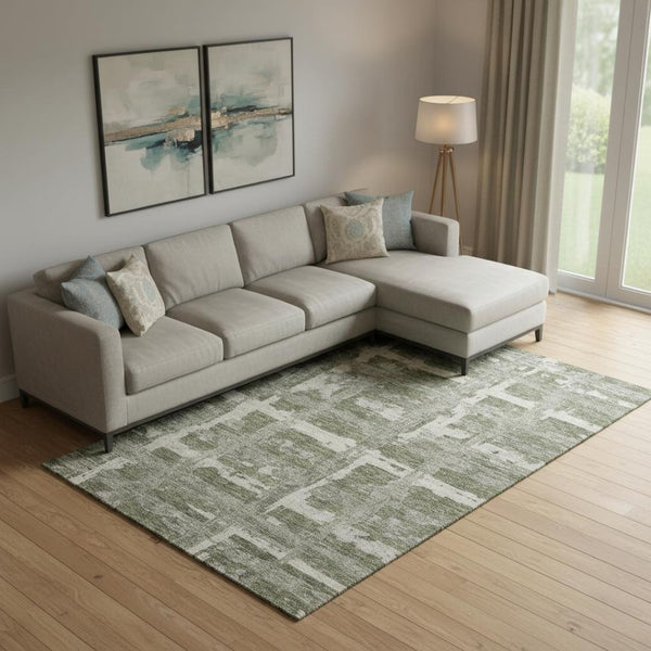 HomeRoots 9' X 12' Olive Green Striped Area Rug - Washable, UV Protected, Durable & Stylish for Any Space! 662794