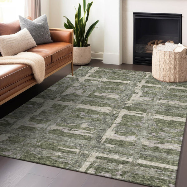 HomeRoots 9' X 12' Olive Green Striped Area Rug - Washable, UV Protected, Durable & Stylish for Any Space! 662794