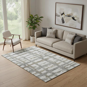 HomeRoots 5' X 8' Stylish Silver Ivory and Gray Striped Washable Area Rug with UV Protection for Your Home 662803