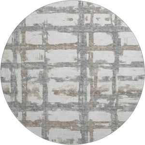 HomeRoots 8' Stylish Silver Ivory Gray Striped Washable Round Rug with UV Protection for Everyday Living 662804