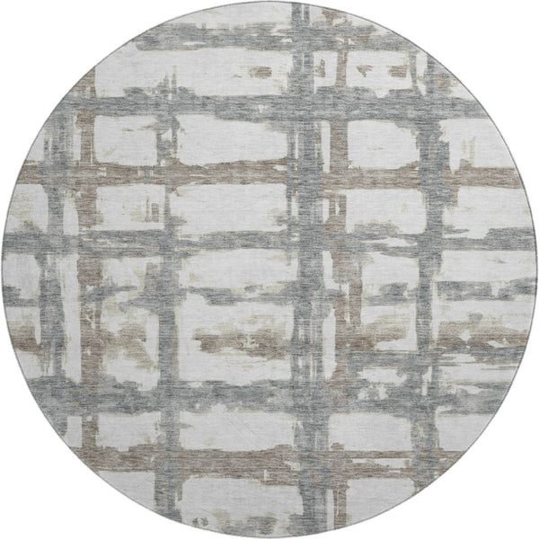 HomeRoots 8' Stylish Silver Ivory Gray Striped Washable Round Rug with UV Protection for Everyday Living 662804