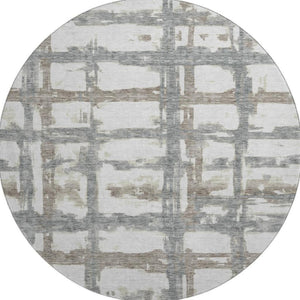 HomeRoots 8' Stylish Silver Ivory Gray Striped Washable Round Rug with UV Protection for Everyday Living 662804