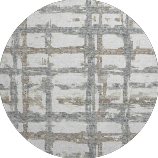 HomeRoots 8' Stylish Silver Ivory Gray Striped Washable Round Rug with UV Protection for Everyday Living 662804