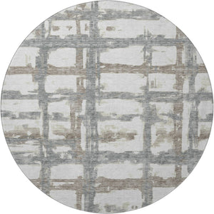 HomeRoots 8' Stylish Silver Ivory Gray Striped Washable Round Rug with UV Protection for Everyday Living 662804