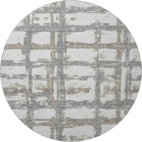 HomeRoots 8' Stylish Silver Ivory Gray Striped Washable Round Rug with UV Protection for Everyday Living 662804