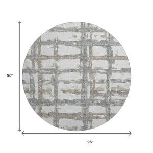 HomeRoots 8' Stylish Silver Ivory Gray Striped Washable Round Rug with UV Protection for Everyday Living 662804