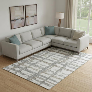 HomeRoots 9' Stylish Silver Ivory & Gray Striped Washable Area Rug - UV Protected, Stain-Resistant, Durable Design 662806