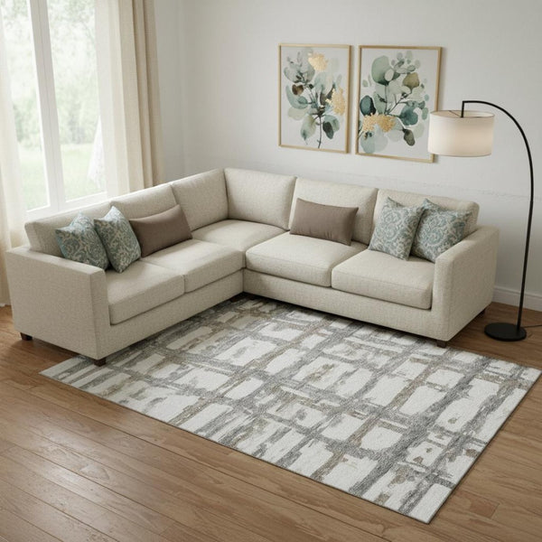 HomeRoots 9' Stylish Silver Ivory & Gray Striped Washable Area Rug - UV Protected, Stain-Resistant, Durable Design 662806