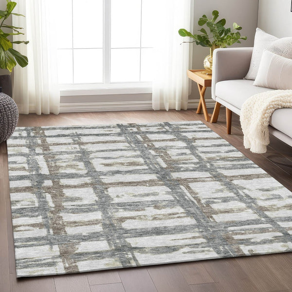 HomeRoots 10' X 14' Silver, Ivory & Gray Striped Area Rug – Washable, UV Protected, Perfect for Busy Homes! 662807