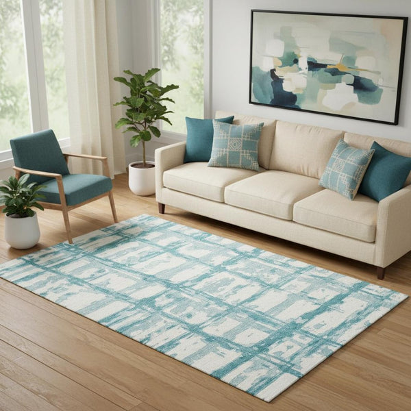 HomeRoots 5' X 8' Teal and Ivory Striped Washable Rug – Durable, UV-Protected, Stain-Resistant for Any Home! 662821