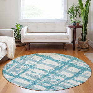 HomeRoots 8' Teal And Ivory Striped Round Rug - Washable, UV-Protected, Perfect for Indoor & Outdoor Spaces 662822