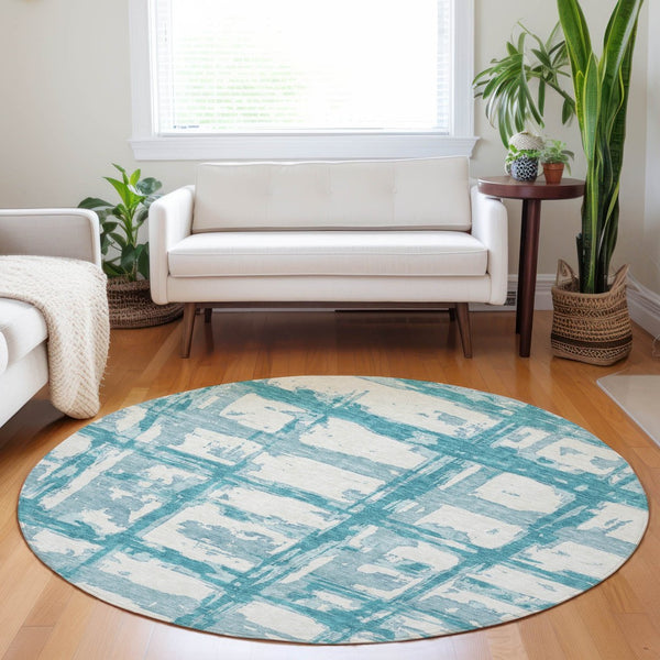 HomeRoots 8' Teal And Ivory Striped Round Rug - Washable, UV-Protected, Perfect for Indoor & Outdoor Spaces 662822