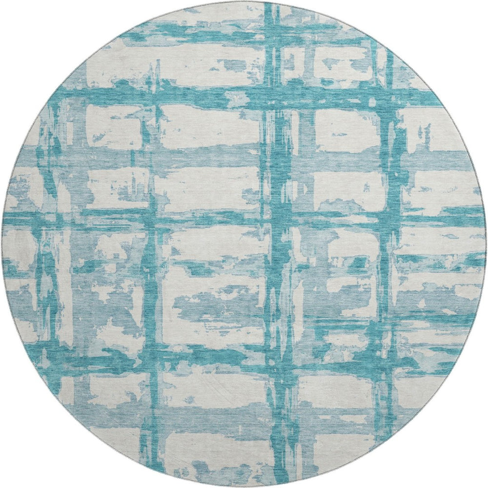 HomeRoots 8' Teal And Ivory Striped Round Rug - Washable, UV-Protected, Perfect for Indoor & Outdoor Spaces 662822