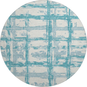 HomeRoots 8' Teal And Ivory Striped Round Rug - Washable, UV-Protected, Perfect for Indoor & Outdoor Spaces 662822