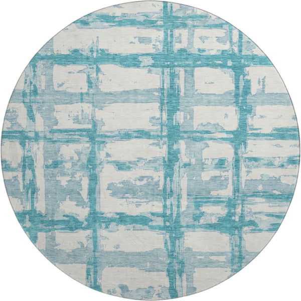 HomeRoots 8' Teal And Ivory Striped Round Rug - Washable, UV-Protected, Perfect for Indoor & Outdoor Spaces 662822