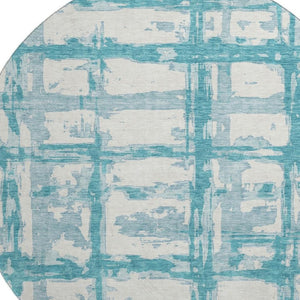 HomeRoots 8' Teal And Ivory Striped Round Rug - Washable, UV-Protected, Perfect for Indoor & Outdoor Spaces 662822