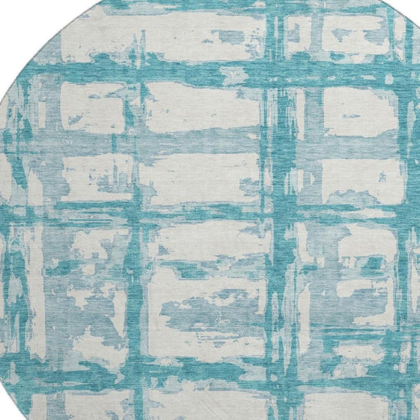 HomeRoots 8' Teal And Ivory Striped Round Rug - Washable, UV-Protected, Perfect for Indoor & Outdoor Spaces 662822