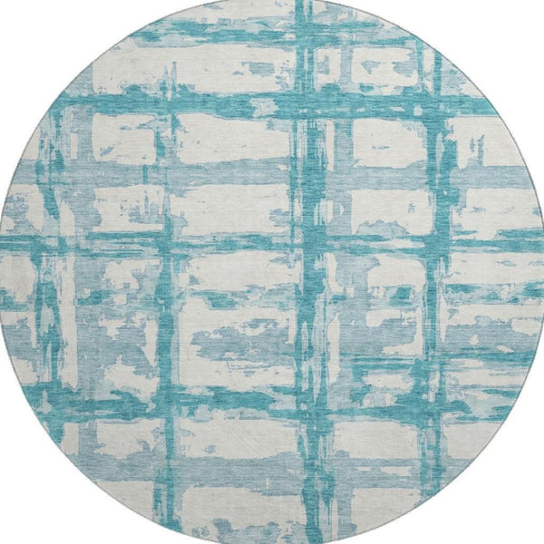 HomeRoots 8' Teal And Ivory Striped Round Rug - Washable, UV-Protected, Perfect for Indoor & Outdoor Spaces 662822