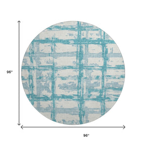HomeRoots 8' Teal And Ivory Striped Round Rug - Washable, UV-Protected, Perfect for Indoor & Outdoor Spaces 662822