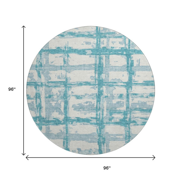 HomeRoots 8' Teal And Ivory Striped Round Rug - Washable, UV-Protected, Perfect for Indoor & Outdoor Spaces 662822