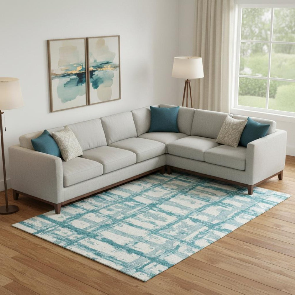 HomeRoots 8' X 10' Teal and Ivory Striped Area Rug - Washable, UV Protected, Durable for Homes with Kids & Pets 662823