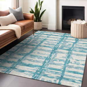 HomeRoots 8' X 10' Teal and Ivory Striped Area Rug - Washable, UV Protected, Durable for Homes with Kids & Pets 662823