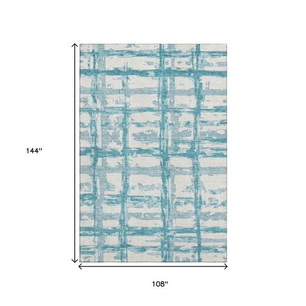 HomeRoots 9' X 12' Teal & Ivory Striped Washable Area Rug – Durable, UV-Protected, Perfect for High-Traffic Spaces 662824