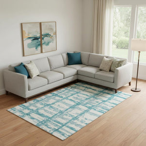 HomeRoots 9' X 12' Teal & Ivory Striped Washable Area Rug – Durable, UV-Protected, Perfect for High-Traffic Spaces 662824