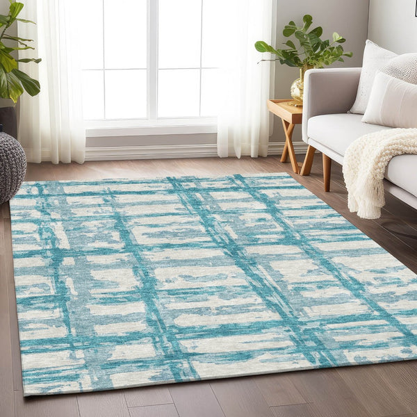 HomeRoots 9' X 12' Teal & Ivory Striped Washable Area Rug – Durable, UV-Protected, Perfect for High-Traffic Spaces 662824