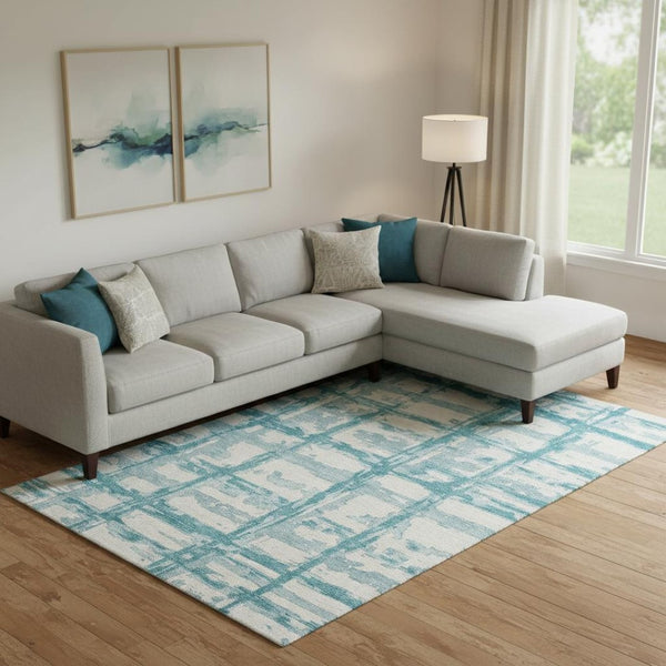 HomeRoots 10' X 14' Coastal Teal and Ivory Striped Area Rug - Washable, UV-Protected, Stain-Resistant Design! 662825