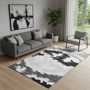 HomeRoots 5' X 8' Black Gray Silver Abstract Washable Area Rug - Durable, UV-Resistant, Ideal for Homes with Pets 662827