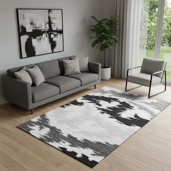 HomeRoots 5' X 8' Black Gray Silver Abstract Washable Area Rug - Durable, UV-Resistant, Ideal for Homes with Pets 662827