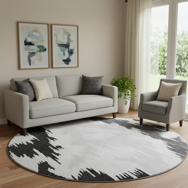 HomeRoots 8' Modern Abstract Washable Round Rug in Black, Gray & Silver with UV Protection for Indoor/Outdoor Use 662828