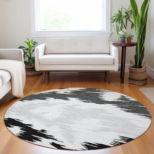 HomeRoots 8' Modern Abstract Washable Round Rug in Black, Gray & Silver with UV Protection for Indoor/Outdoor Use 662828