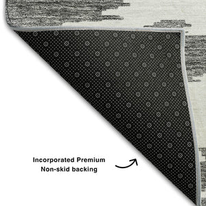 HomeRoots 8' Modern Abstract Washable Round Rug in Black, Gray & Silver with UV Protection for Indoor/Outdoor Use 662828
