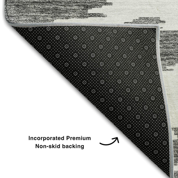 HomeRoots 8' Modern Abstract Washable Round Rug in Black, Gray & Silver with UV Protection for Indoor/Outdoor Use 662828