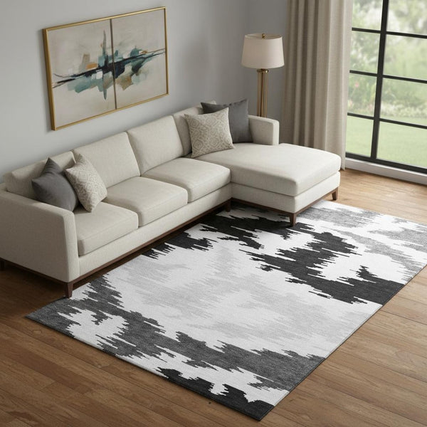 HomeRoots 8' X 10' Stylish Black, Gray & Silver Abstract Area Rug - Washable, UV-Protected & Kid-Friendly Design 662829