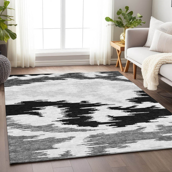HomeRoots 8' X 10' Stylish Black, Gray & Silver Abstract Area Rug - Washable, UV-Protected & Kid-Friendly Design 662829