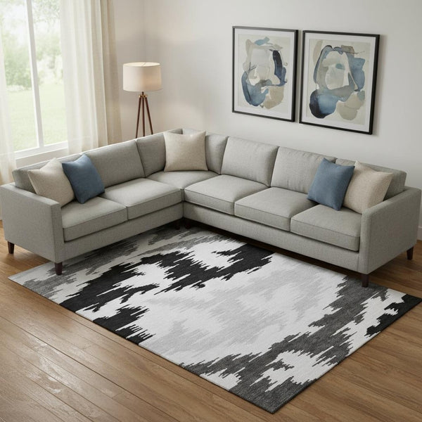 HomeRoots 9' X 12' Abstract Washable Area Rug - Black, Gray & Silver with UV Protection for Modern Spaces 662830