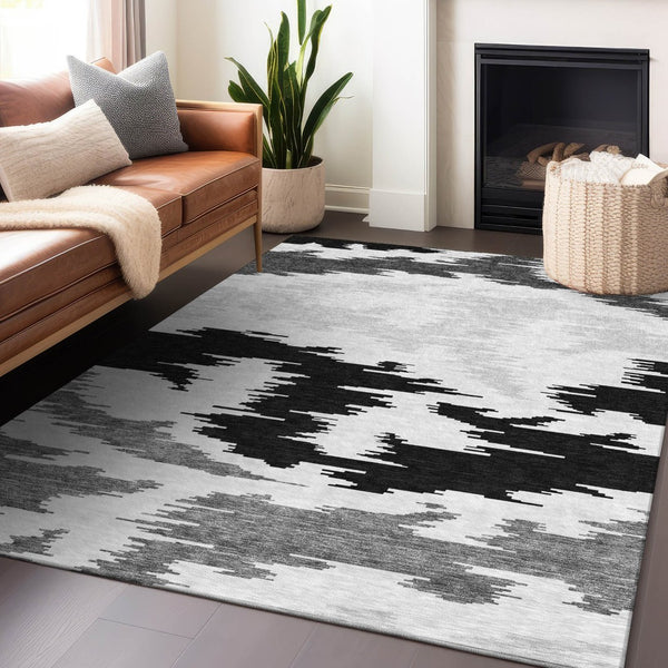 HomeRoots 9' X 12' Abstract Washable Area Rug - Black, Gray & Silver with UV Protection for Modern Spaces 662830