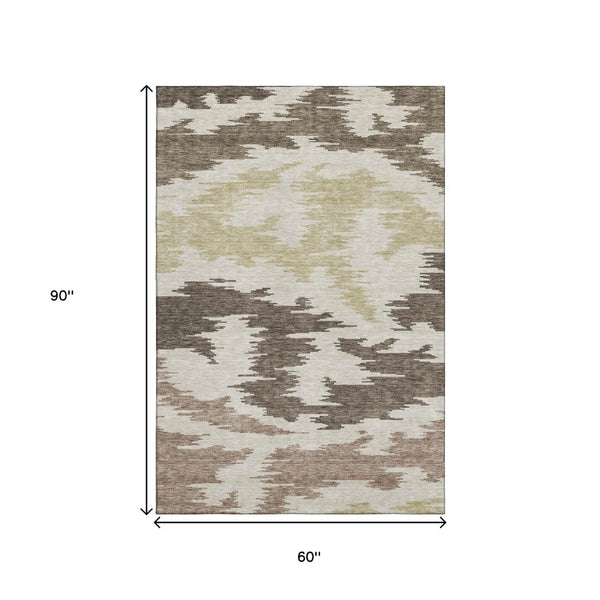 HomeRoots 5' X 8' Stylish Abstract Area Rug in Chocolate, Beige & Taupe - Washable, UV Protected & Durable! 662833