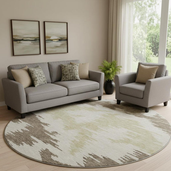HomeRoots 8' Abstract Washable Round Rug in Chocolate, Beige & Taupe - UV Protected, Stain-Resistant Style! 662834
