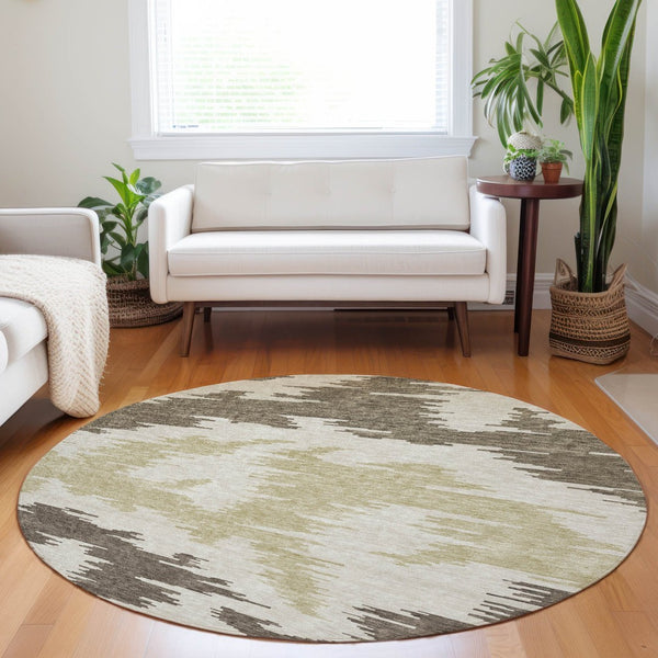HomeRoots 8' Abstract Washable Round Rug in Chocolate, Beige & Taupe - UV Protected, Stain-Resistant Style! 662834