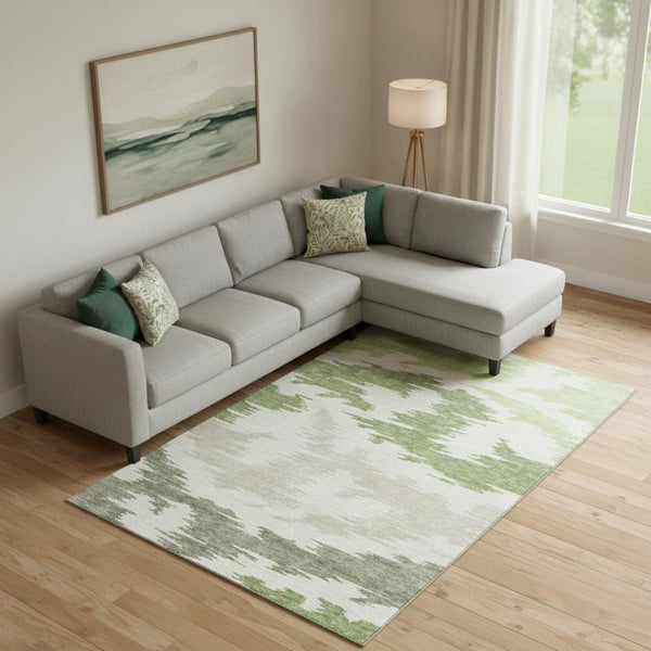 HomeRoots 8' X 10' Washable Area Rug in Green, Taupe & Beige - Durable, UV-Protected & Stain-Resistant Design 662853