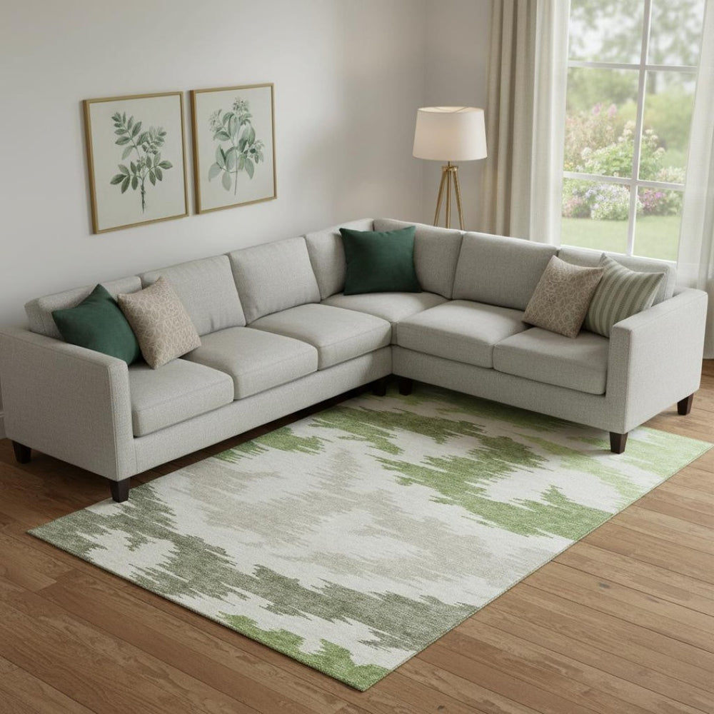 HomeRoots 9' X 12' Abstract Area Rug in Green Taupe Beige - Washable, UV Protected, and Stain Resistant Design 662854