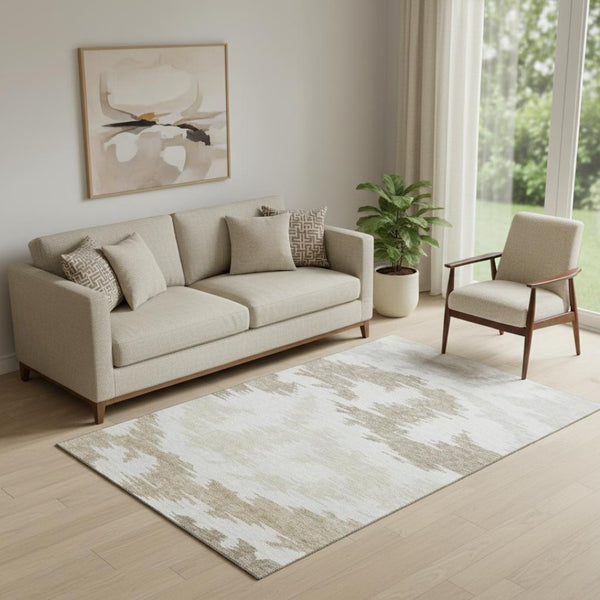 HomeRoots 5' X 8' Washable Ivory, Beige & Taupe Abstract Area Rug with UV Protection for High-Traffic Spaces 662857